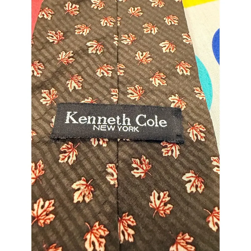 Kenneth Cole New York Silk Tie Mens Olive Brown Orange Maple Leaf Fall Autumn